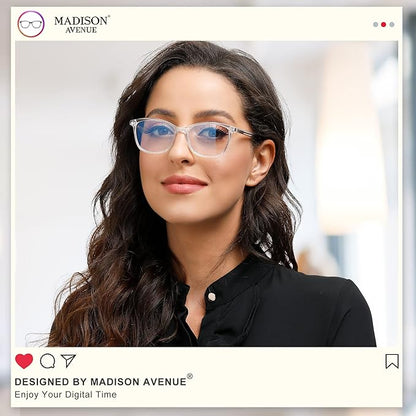 Madison Avenue Blue Light Blocking Glasses Anti Eyestrain UV Glare Blue Light Glasses for Women TV Phone Computer Gaming Eyeglasses (Clear)
