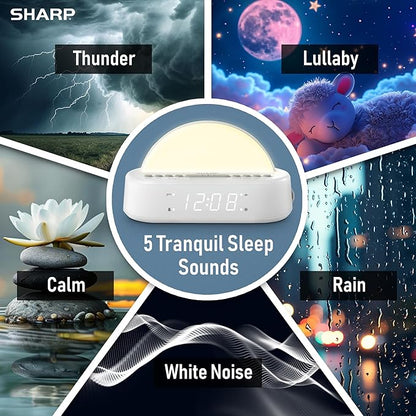 Sharp Sunrise Alarm Clock, Wake Up Gently with Sunrise/Sunset Simulation, Alarms, 5 Tranquil Sleep Aid Sounds, 8 Colors Night Light/Mood Light for Bedroom with 30/60/90 Timer