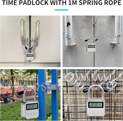 Combination Lock, Metal Timer Lock,Timers,USB Rechargeable Time Timer Padlock with 1m Spring Rope,99 Hours Max Timing Self-Discipline Anti-Addiction Timed Padlock（Silver