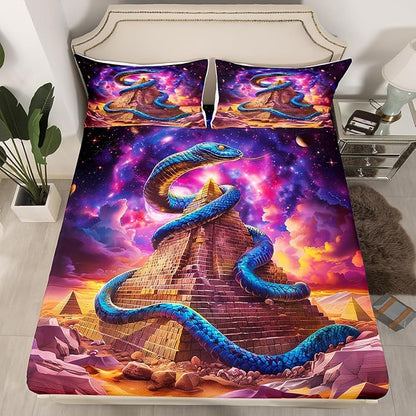 Blue Snake Fitted Sheet Twin Size,Starry Sky Galaxy Planet Trippy Bedding Set,Boys Girls Room Decor,Egypt Noble Animals Boho Psychedelic Bed Cover,Purple Unique Bed Sheet,1 Pillowcase