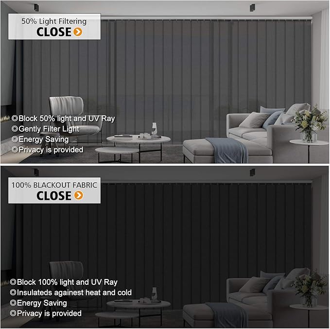 Cordless Vertical Blinds Window Blind, Blackout Fabric Vertical Blind, Energy Saving UV Protection Noise Reduce Vertical Blinds for Sliding Glass Doors, Patio Doors, Pure Dark Grey