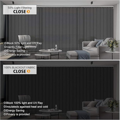 Cordless Vertical Blinds Window Blind, Blackout Fabric Vertical Blind, Energy Saving UV Protection Noise Reduce Vertical Blinds for Sliding Glass Doors, Patio Doors, Pure Dark Grey