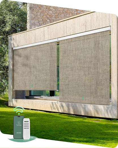 Yoolax Motorized Outdoor Shades Smart Retractable Patio Screens with App & Remote Control, Electric Blinds for Porch Patio Waterproof Roller Shades 6X8ft (5% Openness Minty Oat Latte)