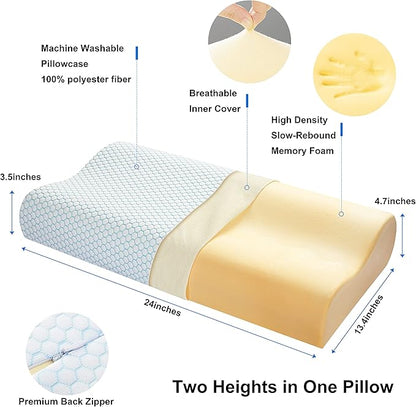 Anvo Memory Foam Pillow, Neck Contour Cervical Orthopedic Bed Pillow for Sleeping Side Back Stomach Sleeper, Ergonomic Design for Neck and Shoulder Pain Relief, Blue White, Soft