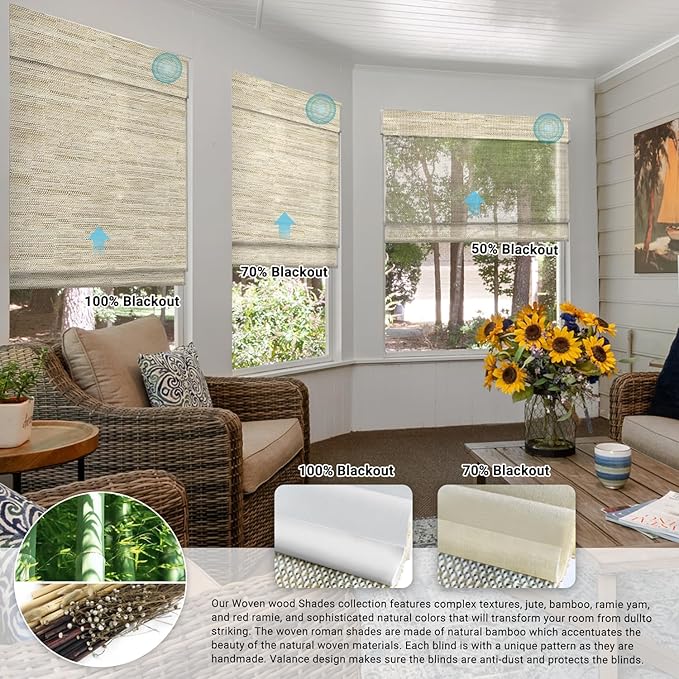 SmartWings Motorized Blinds Natural Woven Wood Shades for Windows Work with Matter Thread Homekit Z-Wave Alexa Google, Electric Auto Roman Shades Cordless Remote Control Customized, Kenaf 010