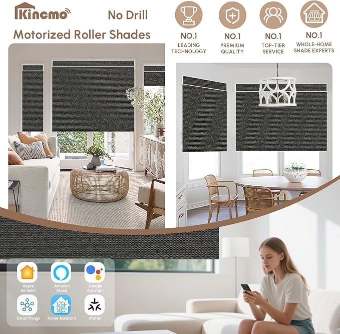 Kincmo No Drill Motorized Blinds with Remote, 100% Blackout Roller Shades for Windows, Custom Electric Blinds Compatible with Alexa, Apple Homekit, Google Home (100% Blackout Starscape Brown)