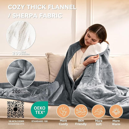 Heated Electric Blanket Queen Size 84"x90" Heating Blanket with Dual Control 9 Heating Levels 10 Timer Modes Auto Off, Fast Heating Over-Heat Protection Ultra Soft Flannel ETL Certified, Gery