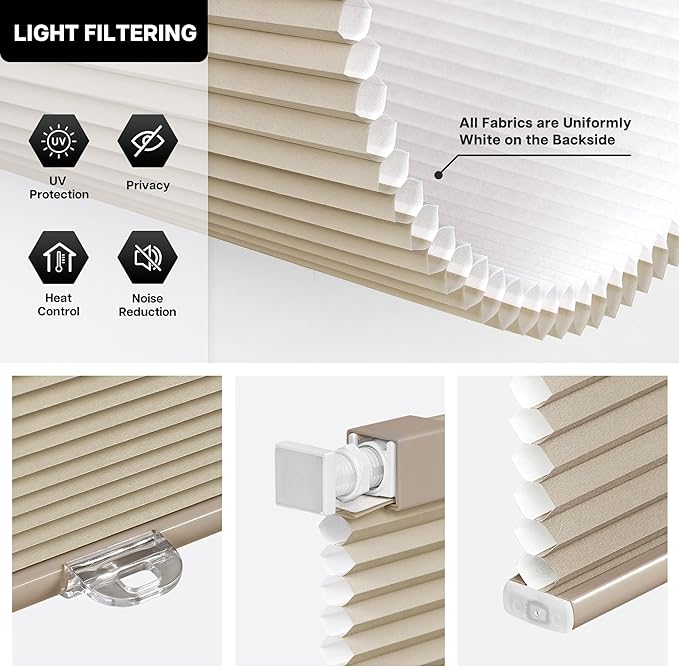 LazBlinds Cordless Cellular Shades, No Tools No Drill Light Filtering Honeycomb Shades Pleated Blinds for Windows, 38'' W x 48'' H, Taupe