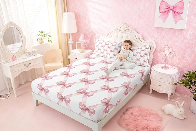Pink Bowknot Fitted Sheet(No Flat Sheet),Dreamy Princess Style Fairy Tale Bedding Set,Watercolor Bow Geometric Grids White Bedding Deep Pocket for Girls,Full Size 2 Pillowcases
