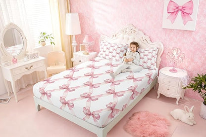 Pink Bowknot Fitted Sheet(No Flat Sheet),Dreamy Princess Style Fairy Tale Bedding Set,Watercolor Bow Geometric Grids White Bedding Deep Pocket for Girls,Full Size 2 Pillowcases