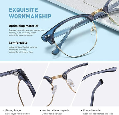 Blue Light Blocking Glasses Vintage Half Frame UV Clear Lens Anti Eyestrain Computer Gaming Glasses for Men Women