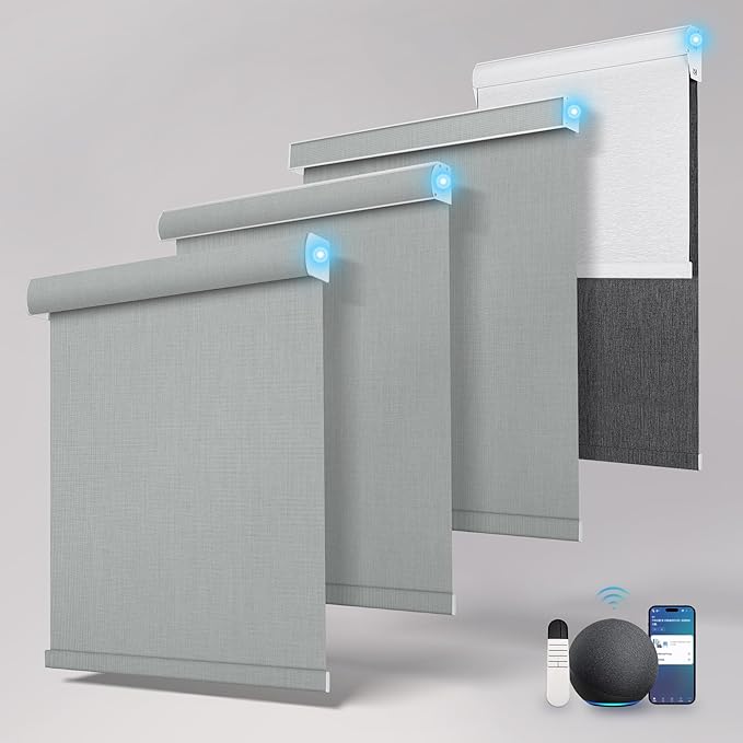 BERISSA Motorized Blinds with Remote,Blackout Smart Roller Shades with App,Voice Control,Linen Fabric,Thermal Insulated Automatic Blinds,Electric Shades with USB/Solar Pannel.Double-Sided Light Grey