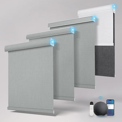Motorized Blinds with Remote,Blackout Smart Roller Shades with App,Voice Control,Linen Fabric,Thermal Insulated Automatic Blinds,Electric Shades with USB/Solar Pannel.Double-Sided Light Grey