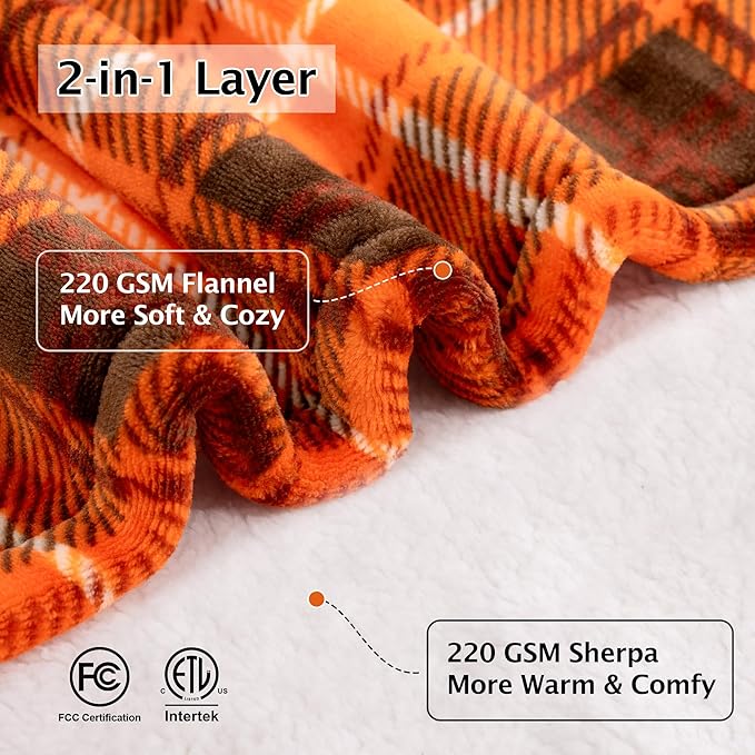 Electric Heated Blanket 62"x84",Fast Heating Twin with 8 Hours Auto Off/8 Heats Levels,Soft Orange Plaid Sherpa Electric Blanket with ETL Certification & Over-Heat Protection