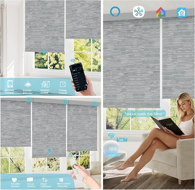 Motorized Blinds with Remote, Smart Roller Shades Compatible with Alexa, Durable Rechargeable Battery Solar Power Electric 100% Blackout for Windows Customized Size (Jacquard Grey)