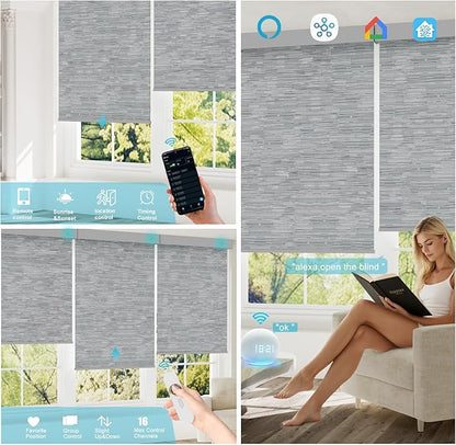 Motorized Blinds with Remote, Smart Roller Shades Compatible with Alexa, Durable Rechargeable Battery Solar Power Electric 100% Blackout for Windows Customized Size (Jacquard Grey)