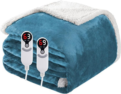Electric Heated Blanket Queen Size 84"x90", Soft Flannel with Dual Controllers & Overheat Protection, 9 Adjustable Heat Settings & 10-Hour Auto-Off Timer, Fast Heating for Winter Comfort, Blue