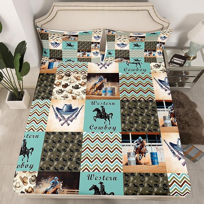 Western Cowboy Fitted Sheet Full Size 3 Pcs,Retro Tribal Cowboy Hats Boots Horseshoe Collections(No Flat Sheet),Rustic Farm Green Brown Plaids Patchwork Bedding Deep Pocket for Kids