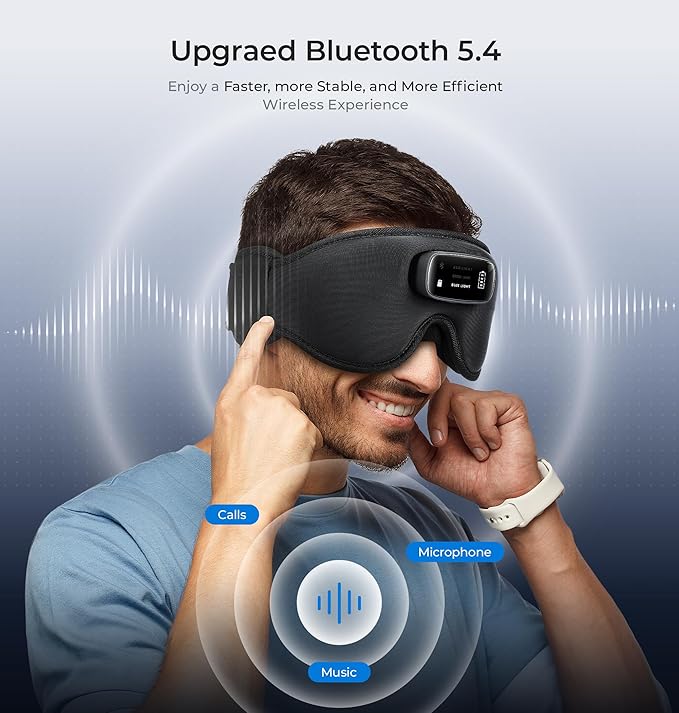 LC-dolida Pro Bluetooth Sleep Mask with White Noise & 3 Lights, Sleep Headphones with Upgrade Chip & Pure Sound, 3D Zero-Pressure Design for Side Sleepers, Total Blackout Soft Sleep Eye Mask, Black