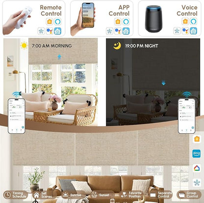 Kincmo No Drill Motorized Blinds with Remote, 100% Blackout Roller Shades for Windows, Custom Electric Blinds Compatible with Alexa, Apple Homekit, Google Home (100% Blackout Linen Caramel)