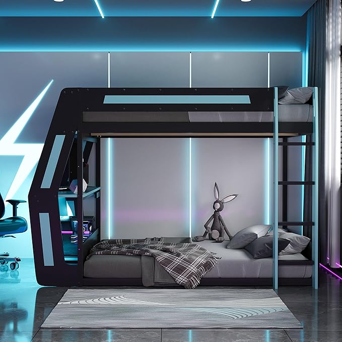 Full Size Gaming Loft Bed with Desk & Charging Ports & RGB Light Strip,Heavy-Duty Wood Bunk Bed Frame with Storage Shelves,Safety Guardrails & Ladder for PC & Console Gamers,Under-Bed Space,Cloud Blue