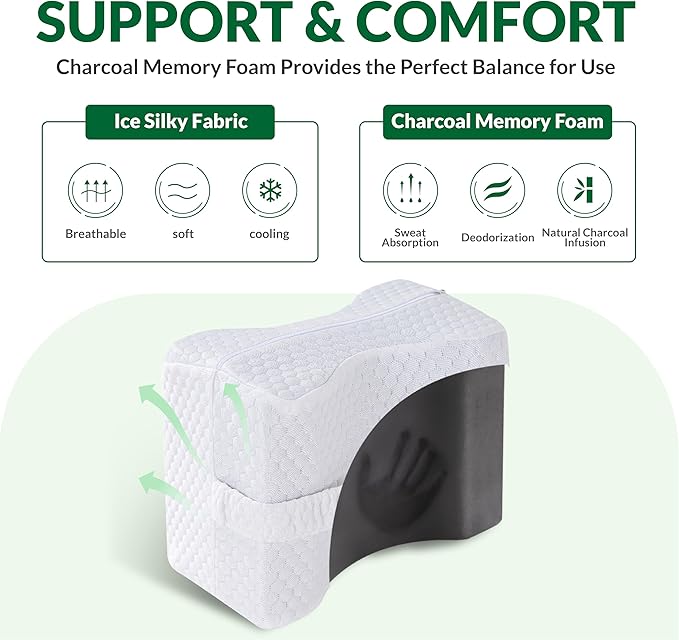 Knee Pillow for Side Sleepers with Straps, Charcoal Memory Foam Leg & Knee Pillow for Hip Pain, Back Pain, Sciatica Pain Relief, Pregnancy, Knee Support Pillow for Sleeping