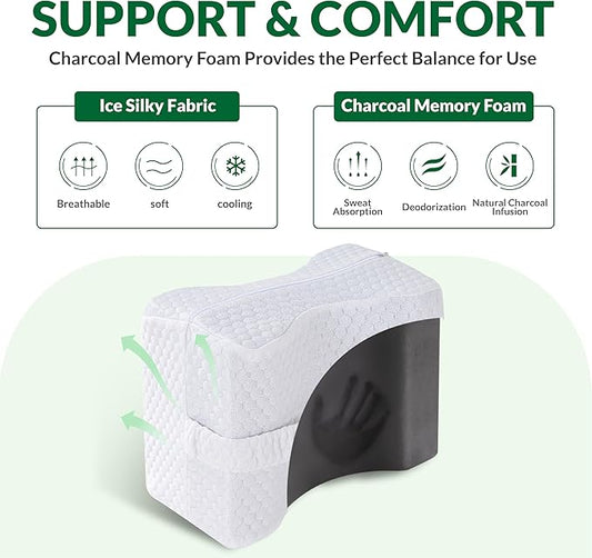 Knee Pillow for Side Sleepers with Straps, Charcoal Memory Foam Leg & Knee Pillow for Hip Pain, Back Pain, Sciatica Pain Relief, Pregnancy, Knee Support Pillow for Sleeping