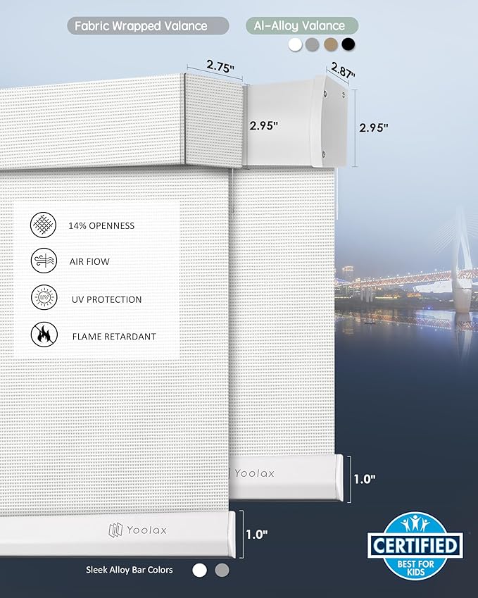Yoolax Motorized Solar Shades Light Filtering Motorized Blinds with Remote Smart Blinds Work with Alexa Flame Retardant Roller Shades for Windows Home Office Custom Size (14% Openness Mesh White)