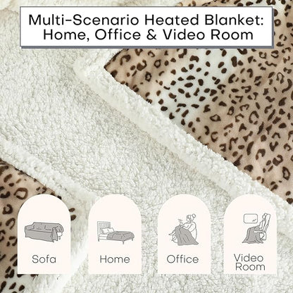 Electric Heated Blanket 72"x84" Full Size Microplush & Sherpa Fabric Heated Blanket, Fast Heating, 4 Heat Settings & 10 Hours Auto Off, Machine Washable - Beige Leopard Print