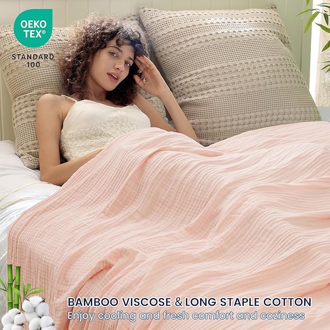 PHF Cooling Muslin King Blanket for Hot Sleepers, 60% Viscose from Bamboo, 40% Cotton for and 4-Layer Breathable Gauze Blanket for Bed Couch, 108"x90", Pink Rose