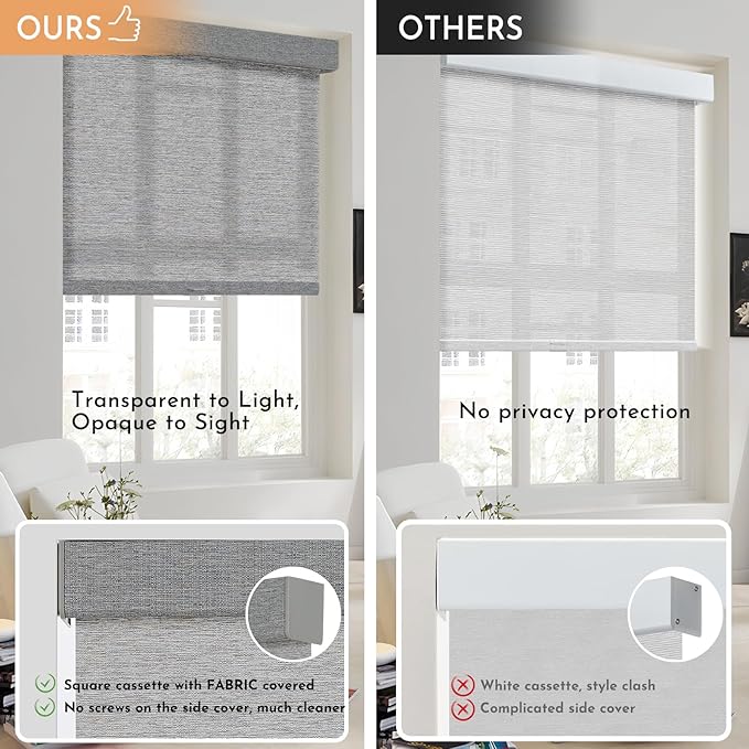 Persilux Light Filtering Roller Shades for Window Blinds,Cordless,Linen Fabric,Thermal Insulated Fabric UV Protection Shades for Home,Office,Bedroom,Door,Light Filtering-Grey,45" W X 72" H