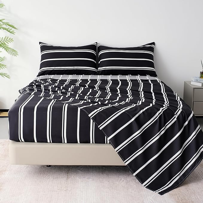 Best Season Black and White Striped Bed Sheets Queen Size 4 Piece Ultra Soft Stripe Sheet Set - Deep Pocket, Fade & Wrinkle Resistant Bedding Set (Black&White)