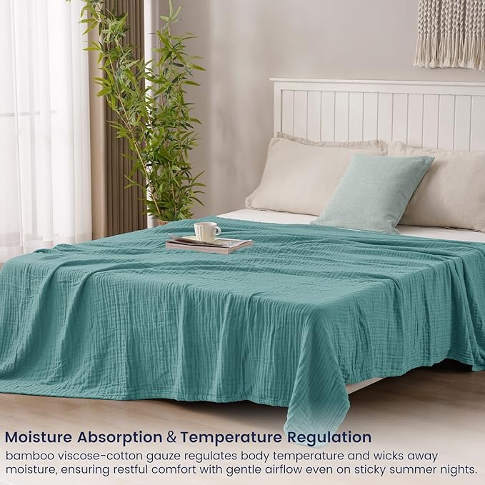 PHF Cooling Muslin King Blanket for Hot Sleepers, 60% Viscose from Bamboo, 40% Cotton and 4-Layer Breathable Gauze Blanket for Bed Couch, 108"x90", Teal Blue