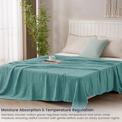 PHF Cooling Muslin King Blanket for Hot Sleepers, 60% Viscose from Bamboo, 40% Cotton and 4-Layer Breathable Gauze Blanket for Bed Couch, 108"x90", Teal Blue