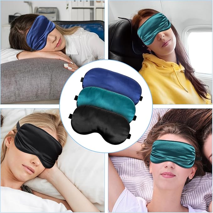 3 Pcs Sleep Mask, Silk Blackout Eye Mask Cover with Adjustable Strap, Satin Night Blindfold Eyeshade Nap for Men and Women Travel Sleeping (Black, Blue, Green)