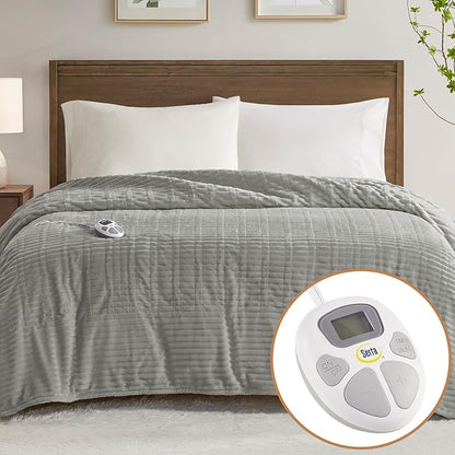 Serta Electric Blanket, Soft, Ribbed, Plush Heating Blanket Full for Office, Couch, 1-12 hr Auto Shut Off Timer, 10 Lv Heating, ETL Certified, Full 77"x84" Mineral Grey