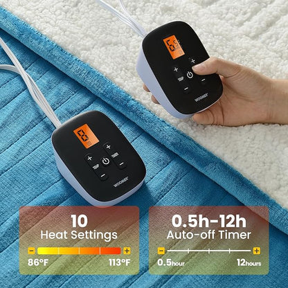 WOOMER Electric Heated Blanket Queen Size 84""x 90"", Soft Flannel Fast Heating Bed Blanket with Multi-Color Option, 10 Heating Levels & 0.5-12H Auto Off, Over-Heat Protection, Teal-flannel&sherpa