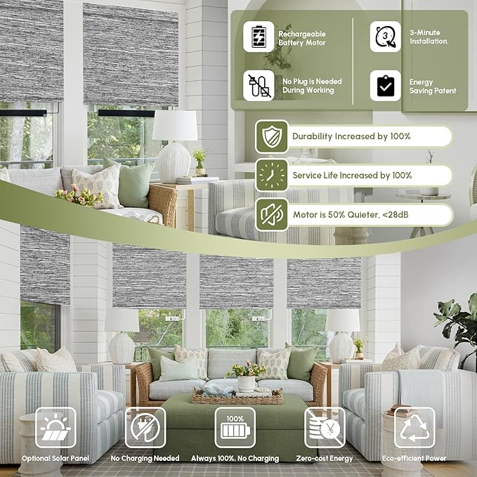 FineTell Motorized Blinds with Remote, 100% Blackout Roller Shades Compatible with Alexa,Apple Homekit,Google Home APP and Voice Control, Customized Electric Blinds (100% Blackout Dreamy Dark Grey)