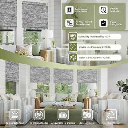 FineTell Motorized Blinds with Remote, 100% Blackout Roller Shades Compatible with Alexa,Apple Homekit,Google Home APP and Voice Control, Customized Electric Blinds (100% Blackout Dreamy Dark Grey)