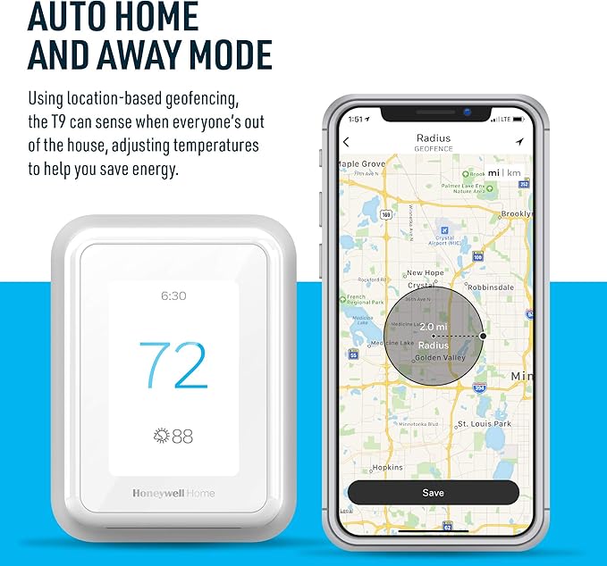 Honeywell Home T9 WiFi Smart Thermostat, Smart Room Sensor Ready, Touchscreen Display, Alexa and Google Assist (Renewed)