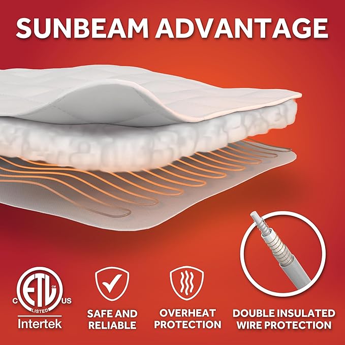 Sunbeam Electric Premium Water Resistant Restful Quilted Heated Mattress Pad, 12 Heat Settings, 12-Hour Selectable Auto Shut-Off, Fast Heating, Cozy Warming Bed, Queen, 60" x 80"
