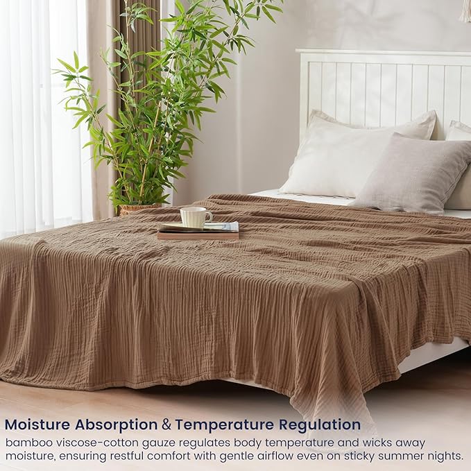 PHF Cooling Muslin Twin Blanket for Hot Sleepers, 60% Rayon Derived from Bamboo, 40% Cotton for Summer, 4-Layer Breathable Gauze Blanket for Bed Couch, 66"x90", Brown