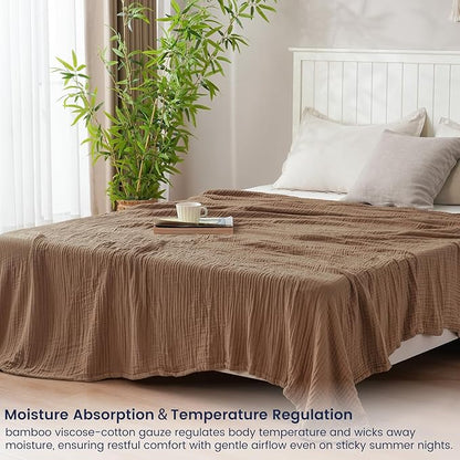 PHF Cooling Muslin King Blanket for Hot Sleepers, 60% Rayon Derived from Bamboo, 40% Cotton for Summer, 4-Layer Breathable Gauze Blanket for Bed Couch, 108"x90", Brown