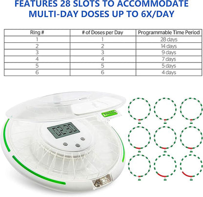 Automatic Pill Dispenser with Flashing Light, Sound, Alarm and Safety Lock, 28-Day Electronic Medication Organizer – Dispense Vitamins and Tablets Up 6 Times/Day – Easy Read Display (Clear)
