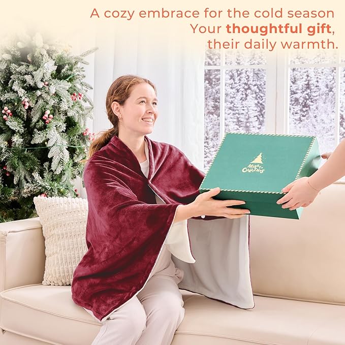 JOLLYVOGUE USB Heated Blanket Throw, Wearable & Portable Heating Electric Blanket for Adults, 3 Levels & 8 Heating Zone Shawl for Indoor & Outdoor, Red (Battery Not Included)