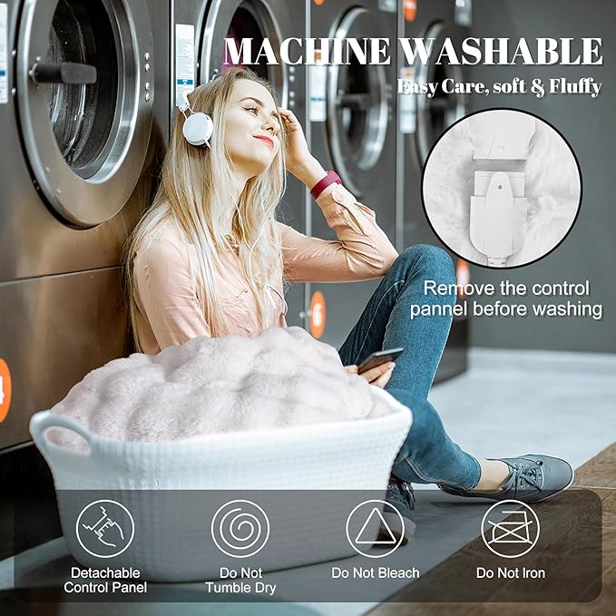 IUUI Electric Heated Blanket Queen 84''x90'',Luxury Faux Rabbit Fur Heating Throw Blankets,Fast Heating with 1/2/4/6/8/10 Hours,Overheat Protection, Quick Heating, Memory Function, Gift-Ready Design
