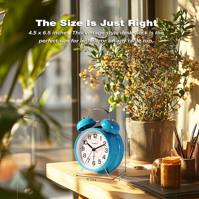 AYRELY® Super Loud Twin Bell Alarm Clock for Heavy Sleepers, 4-Inch Silent Non-Ticking Quartz with Backlight, Metal Cute Clock for Kids' Rooms (Sky Blue)