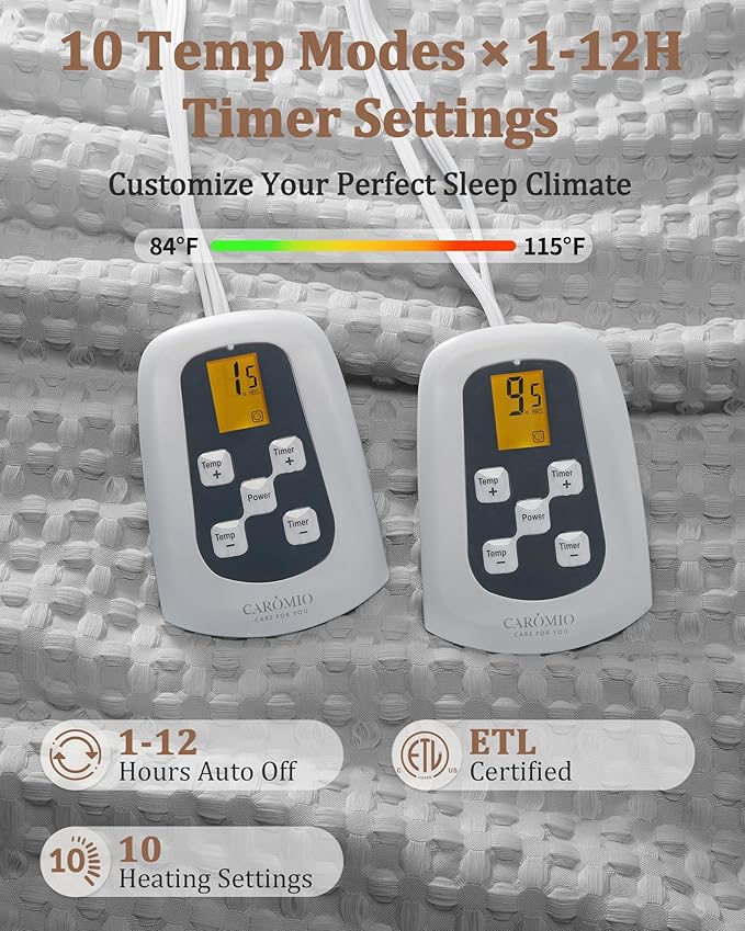 CAROMIO Heated Blanket Queen Size with LCD Dual Controller, Waffle Weave Fast Heating Electric Blankets, 10 Heat Levels & 1-12H Time Settings, ETL Certified, Machine Washable, Grey, 84" x 90"