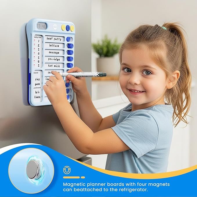 Magnetic Chore Chart for Kids with Timer, Visual Schedule for Kids, ADHD Tools to Do List, Checklist with 99-Min Countup/Countdown Chore Board with Sliders & Dry-Erase Sheets (Blue)