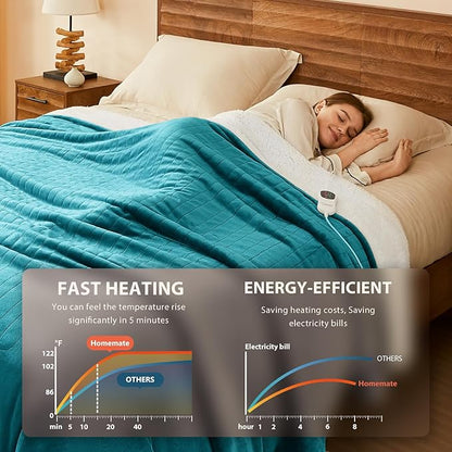 Homemate Electric Heated Blanket King - 100"x90" Heating Bed Blankets Throw with 10 Heating Levels 8 Hours Auto Off Fast Heating Over-Heated Protection Ultra Soft Warm Flannel ETL Certified